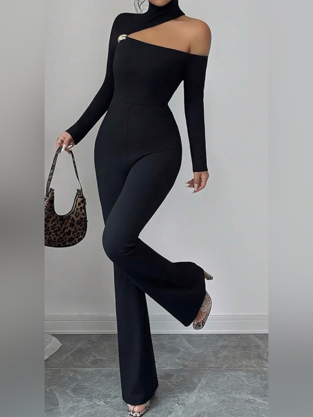 SweatyRocks Jumpsuit Asymmetric One-Shoulder Black  small